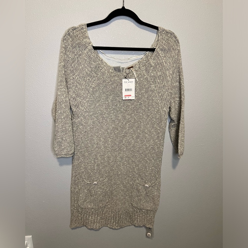 NWT Free People Gray Long Oversized Two Pocket Tunic Sweater Size L